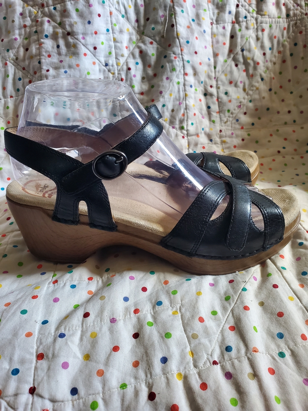 Dansko Black Leather Strappy Wedge Sandals